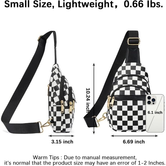 Women Checkered Black Imported PU Leather Small Crossbody Chest Sling Travel Bag - Picture 3 of 8